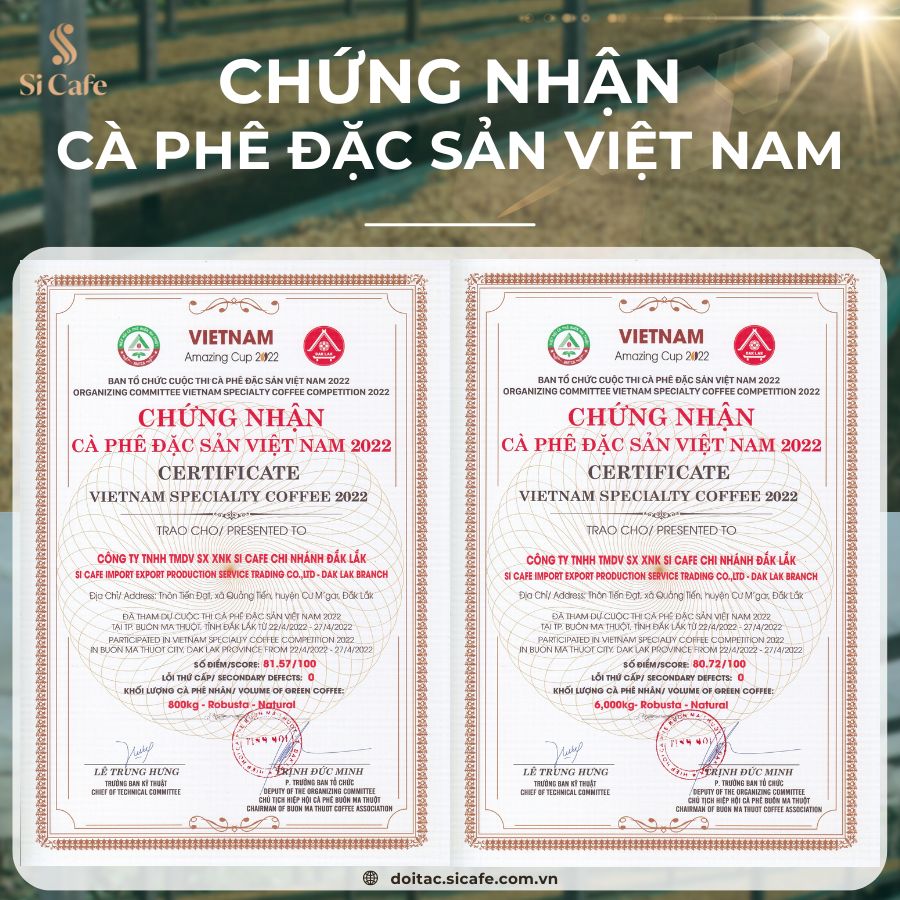 Si Cafe đạt chứng nhận cà phê đặc sản Việt Nam năm 2022